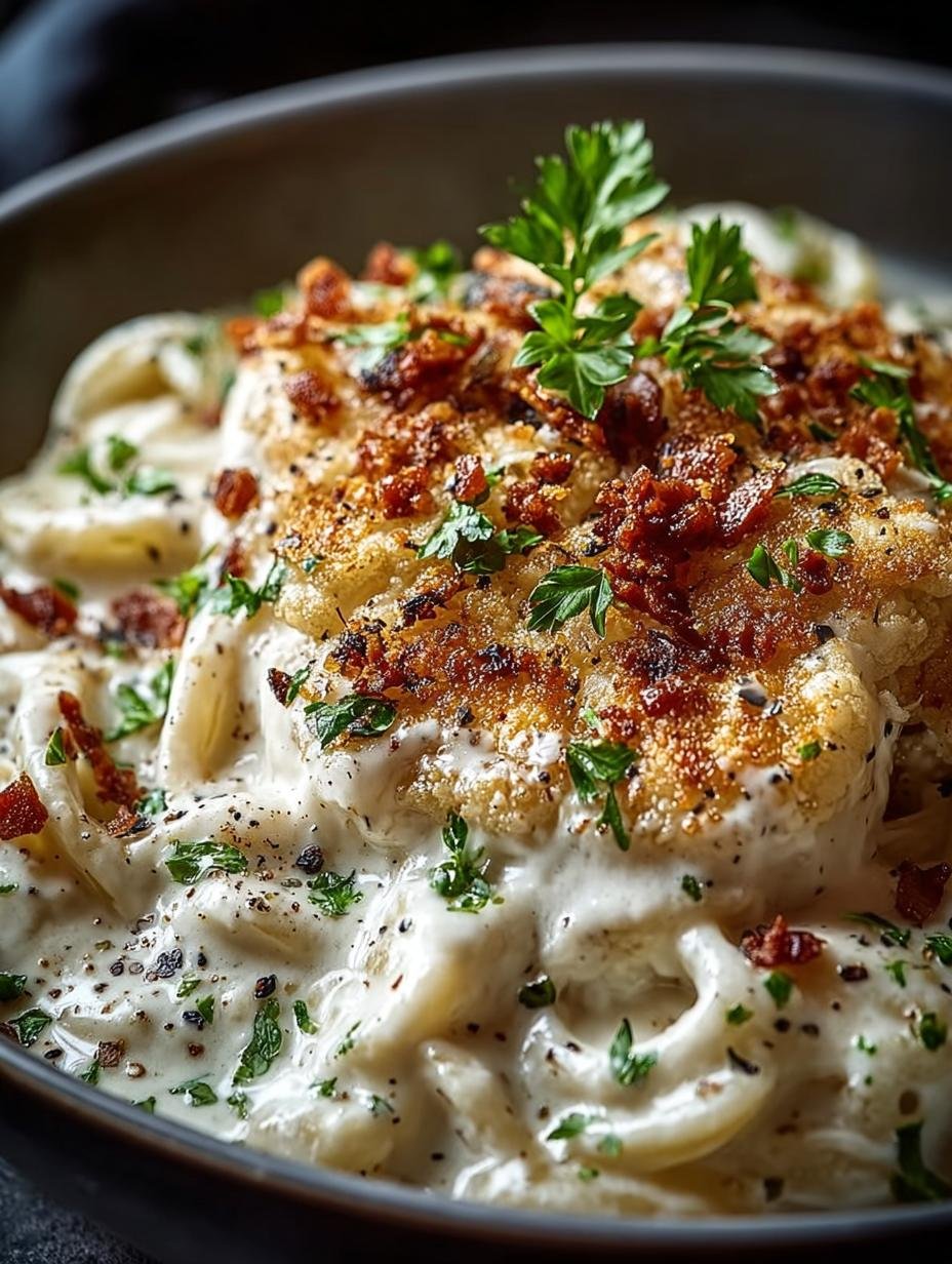 Close-up van romige Vegane Bloemkool Alfredo met pasta en verse kruiden