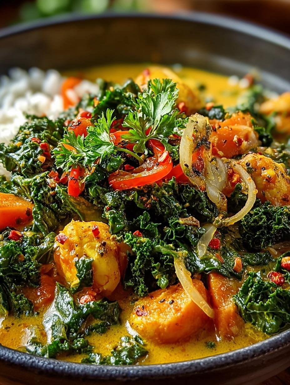 Fantastisch Veganes Grünkohl Curry: 100% Smaakexplosie - Veganes Gruenkohl Curry - romige, kleurrijke vegane boerenkoolcurry in een kom met verse koriander