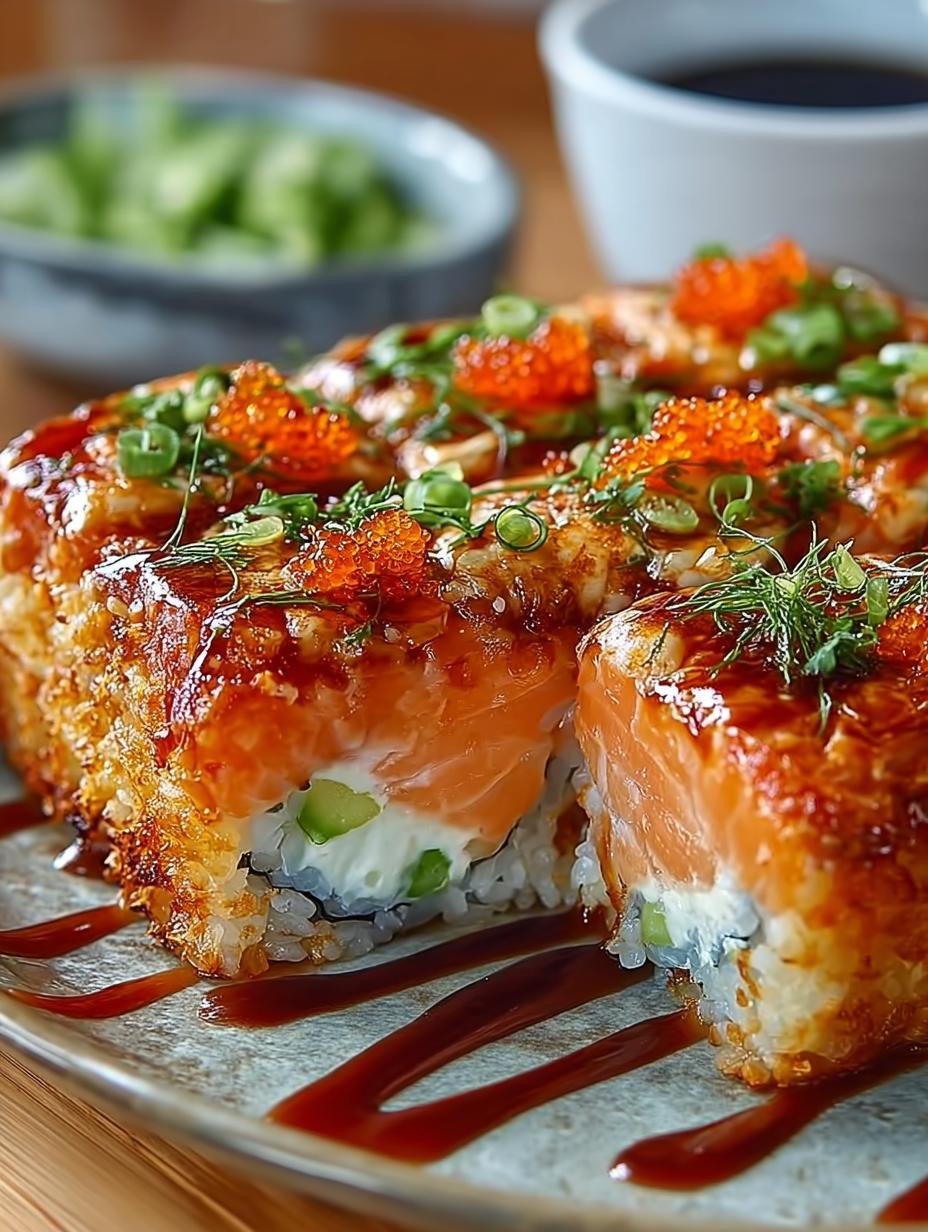 Close-up of a serving of Wurziger Lachs Sushi Auflauf