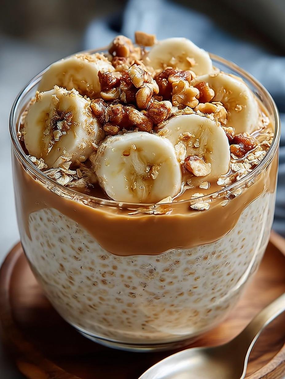 Heerlijke Bananen Erdnussbutter Overnight Oats in een glazen pot, klaar om van te genieten, met verse banaan en pindakaas.