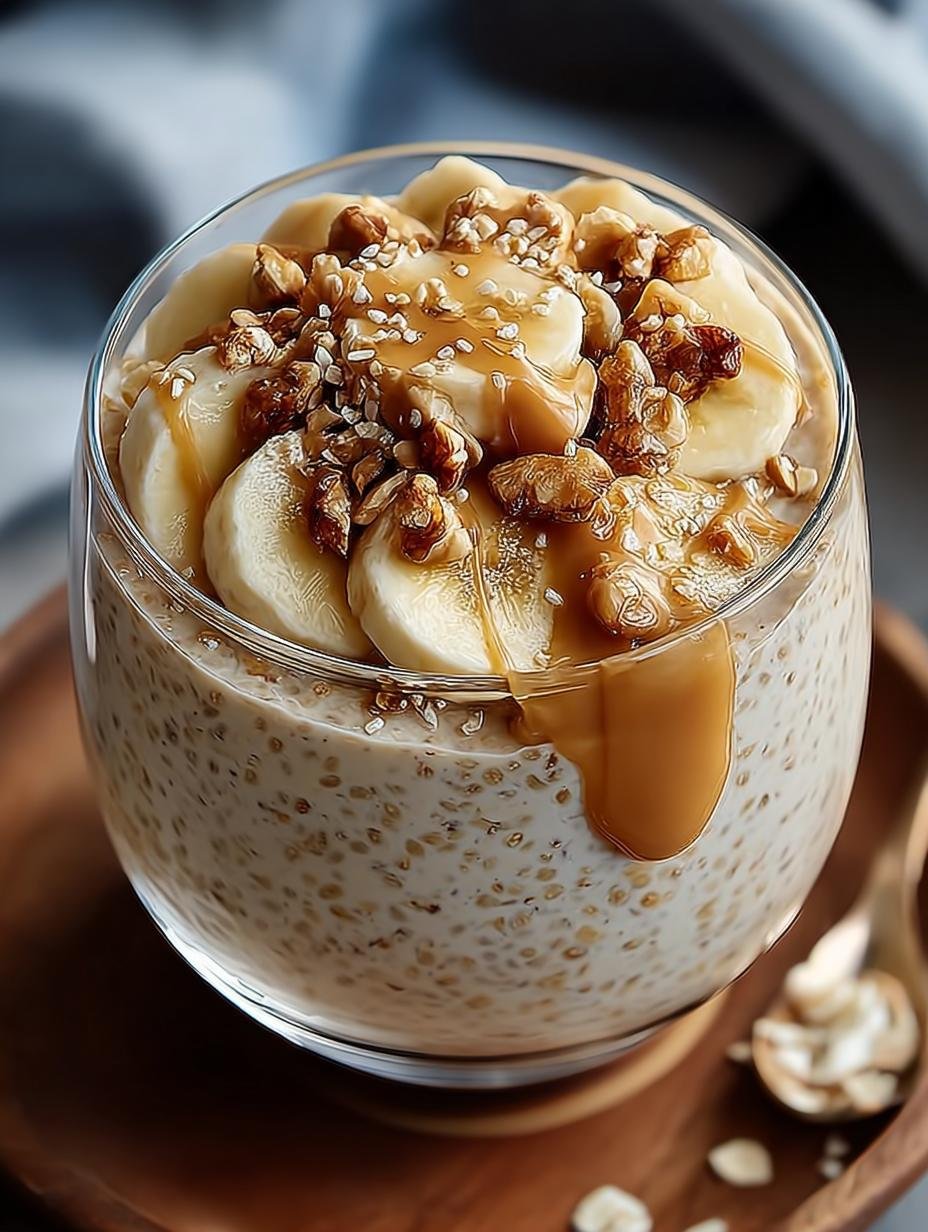 Close-up van romige Bananen Erdnussbutter Overnight Oats met toppings zoals bananenschijfjes en een lepel pindakaas.