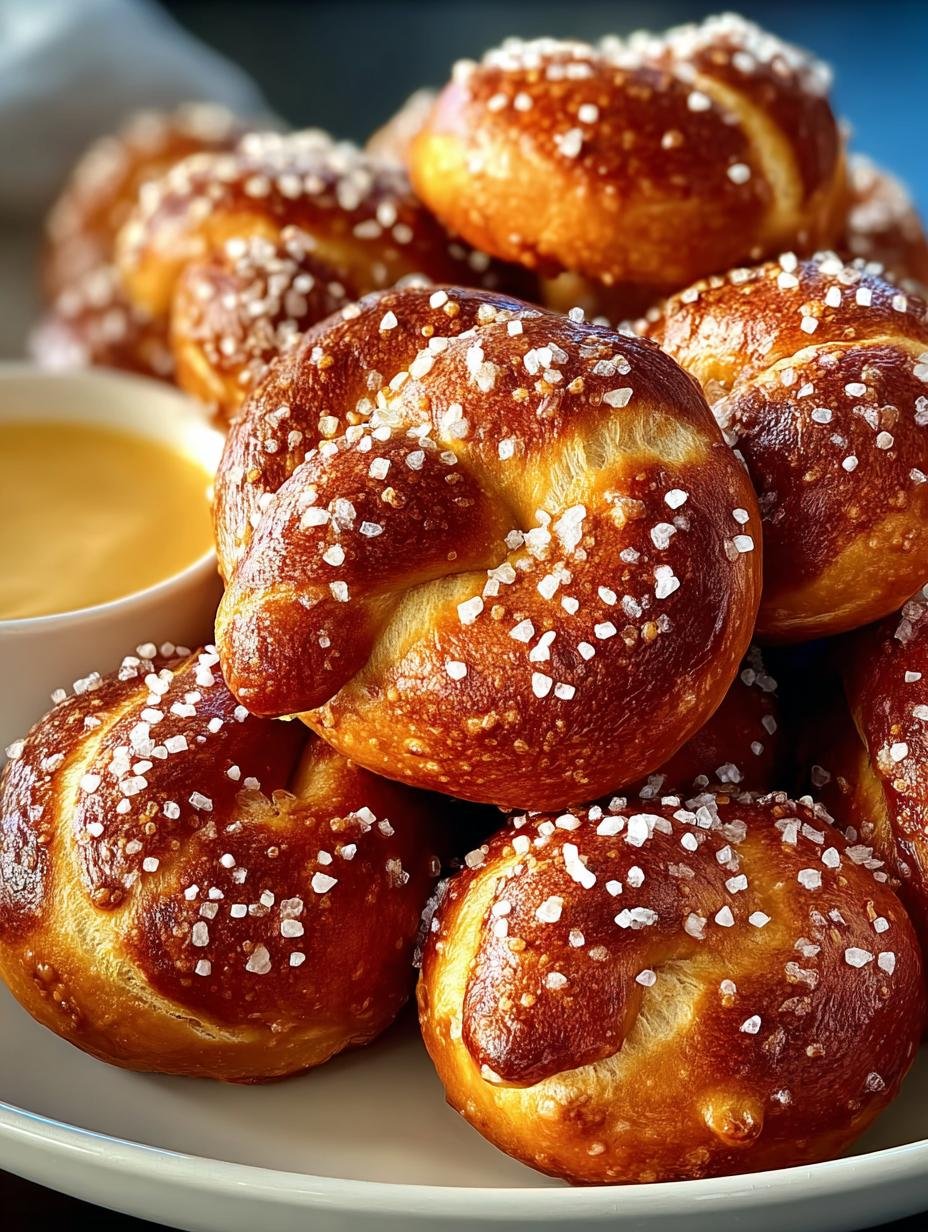 Heerlijke, versgebakken Brezel Bissen met zoutkristallen op een houten plank, klaar om te dippen.
