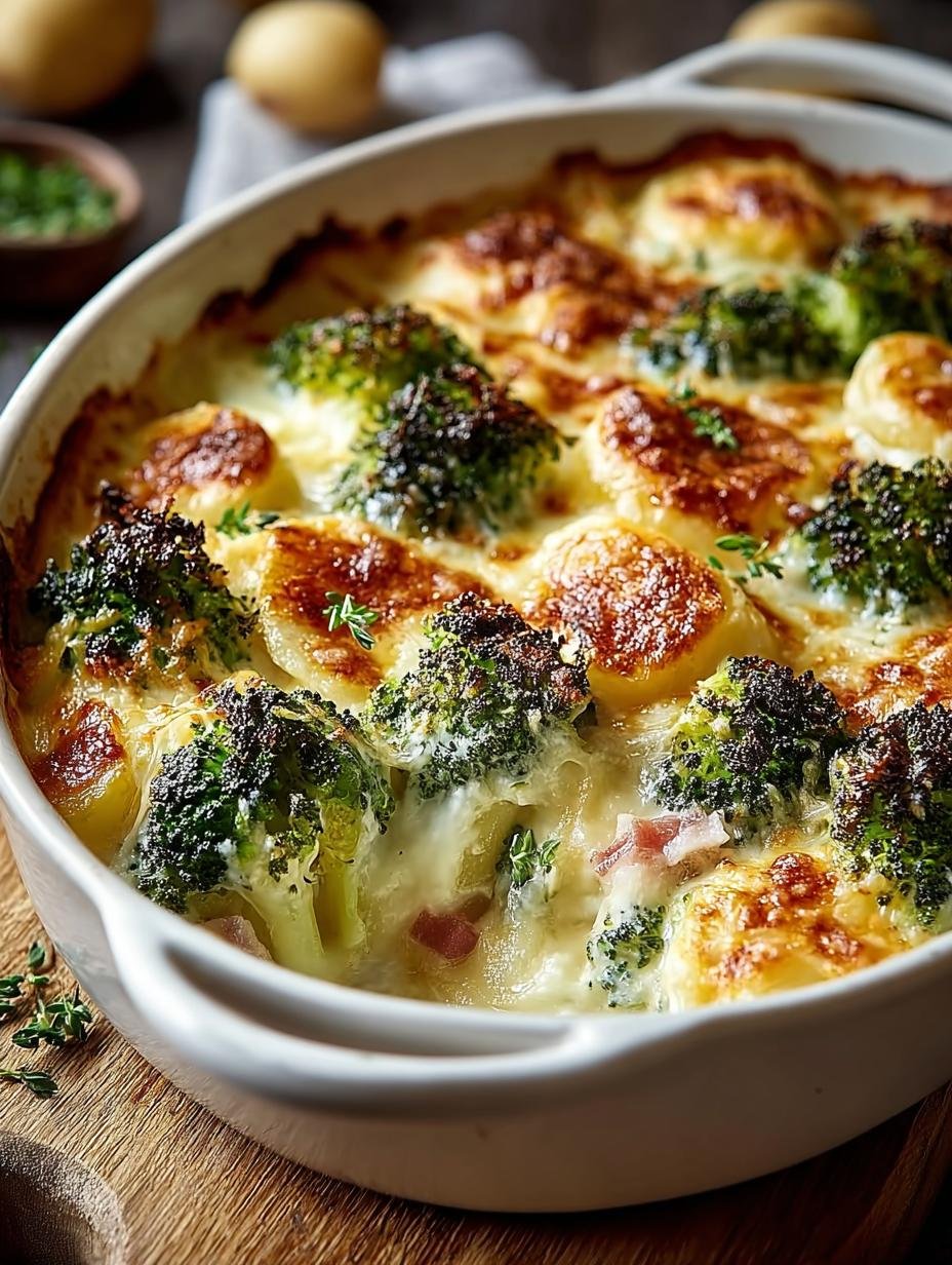 Heerlijk romig Broccoli Und Kartoffelgratin Mit met goudbruine kaaskorst