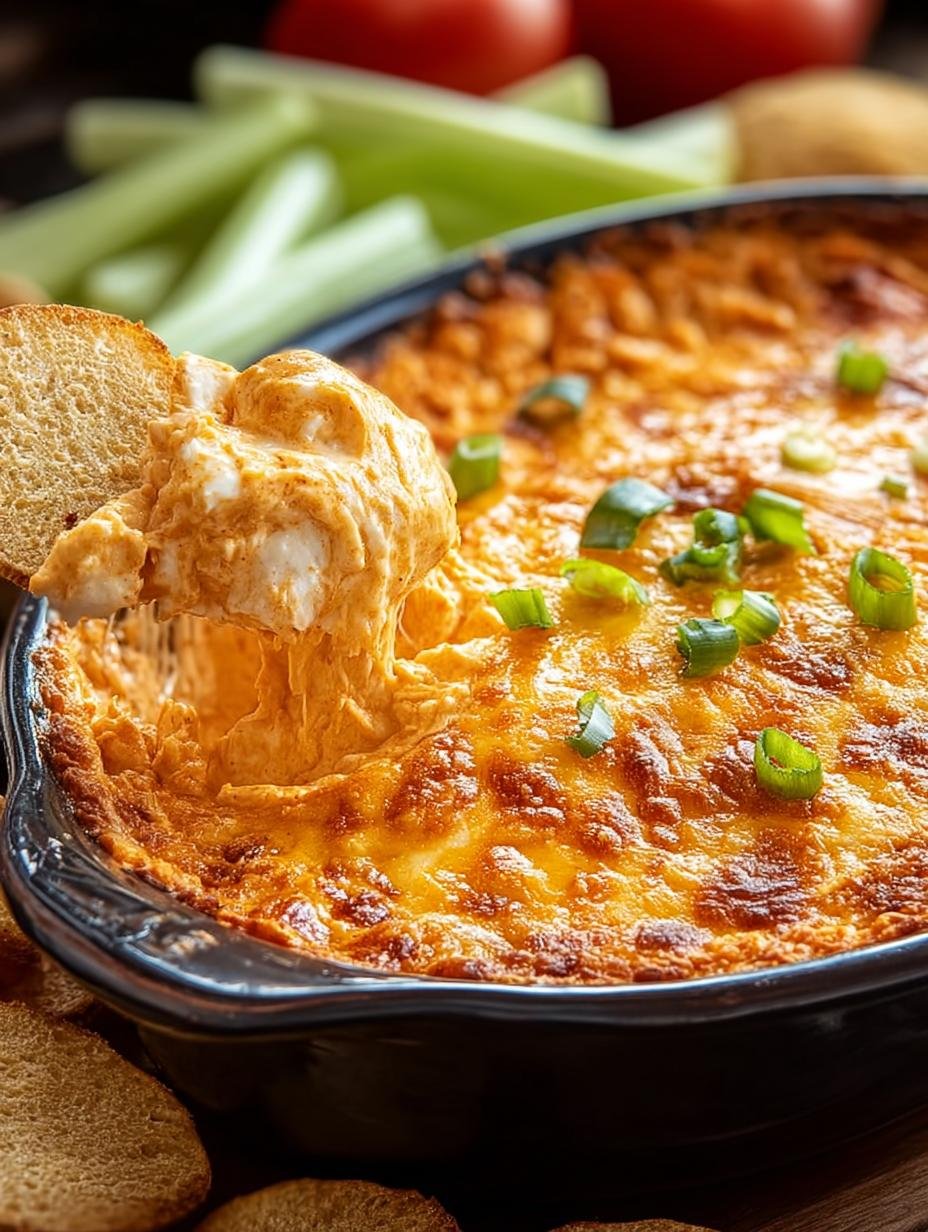 Close-up van de smeuïge Buffalo Huehnchen Dip met gesmolten cheddar en verse peterselie, klaar om te serveren