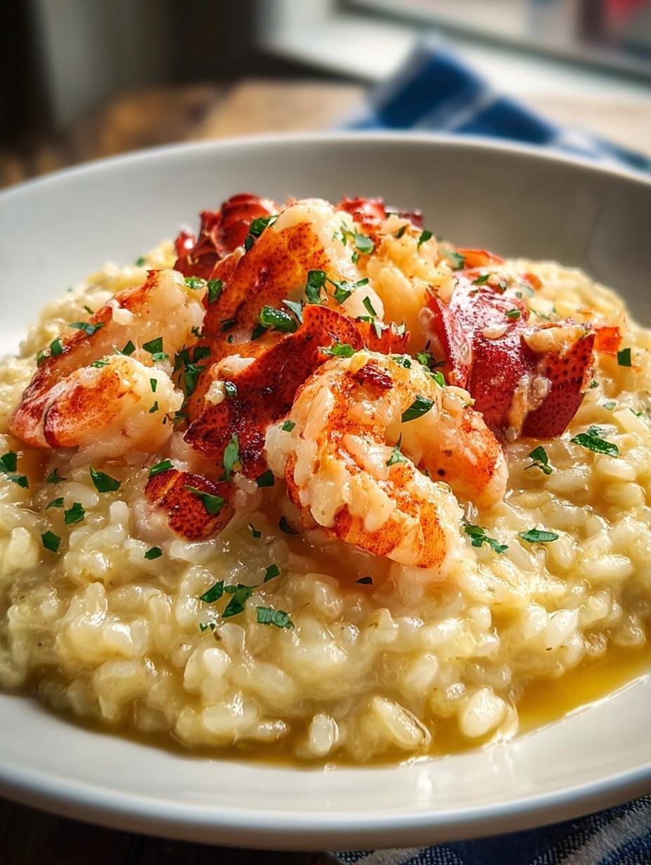 Verrukkelijke Boter Hummer Risotto met verse kruiden en kreeftstukjes, klaar om te serveren