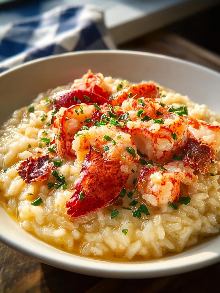 Close-up van romige Boter Hummer Risotto met perfect gegaarde kreeftstukjes en verse kruiden