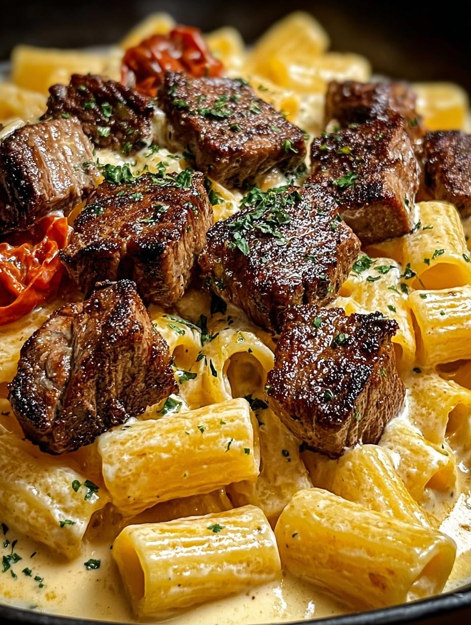 Cajun Steak Tips Kaesiger: 7 Zalige Minuten van Geluk - Heerlijke Cajun Steak Tips Kaesiger met romige rigatoni en Parmezaanse kaas, klaar om te serveren.
