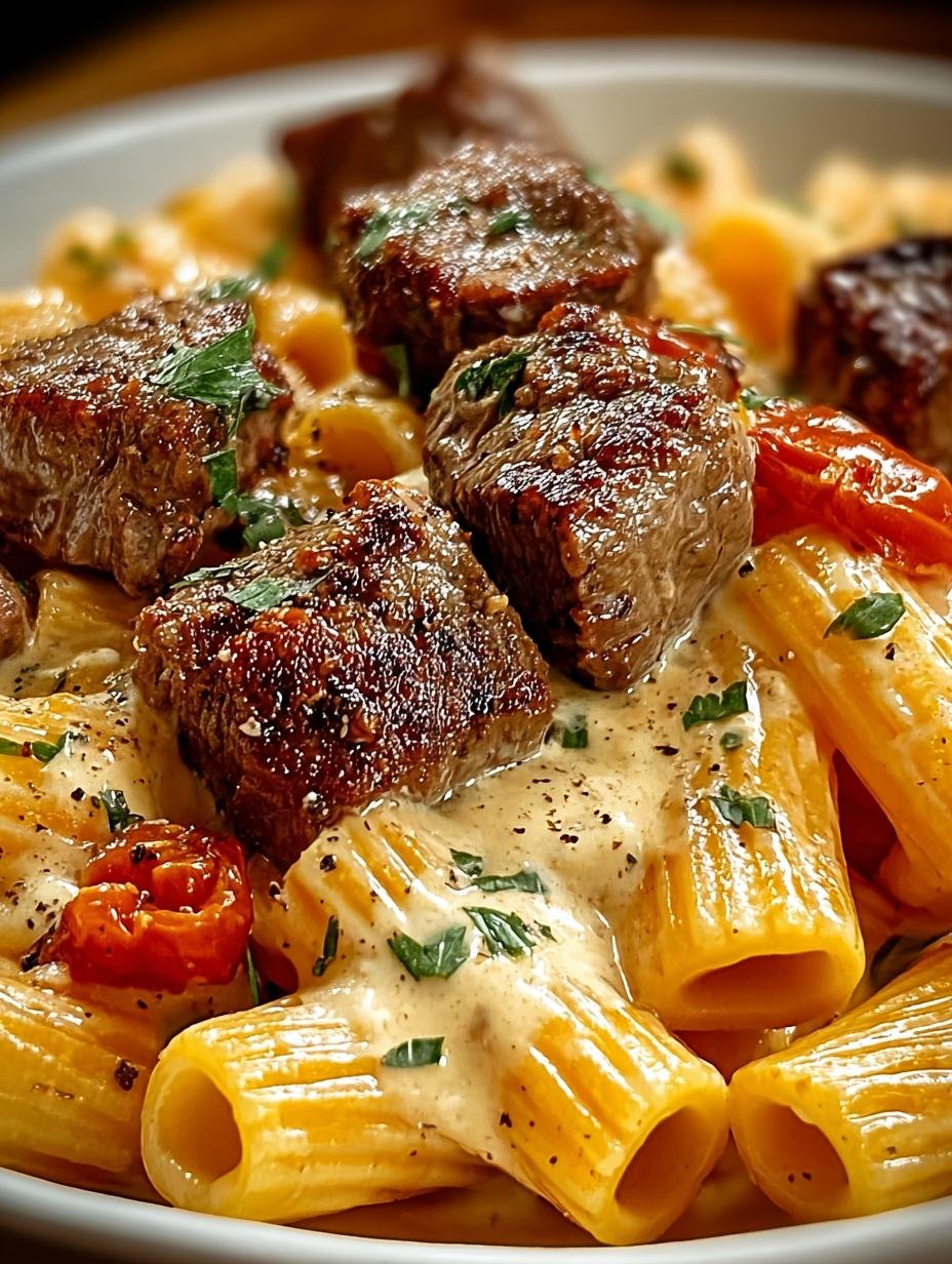 Cajun Steak Tips Kaesiger: 7 Zalige Minuten van Geluk - Close-up van de romige rigatoni saus met Cajun Steak Tips, perfect gegaard en gekruid.