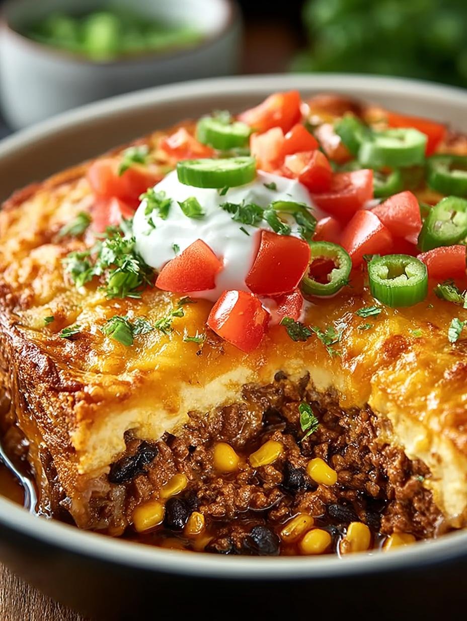 Heerlijke Cheesy Taco Beef Casserole met gesmolten kaas en verse koriander, klaar om te serveren