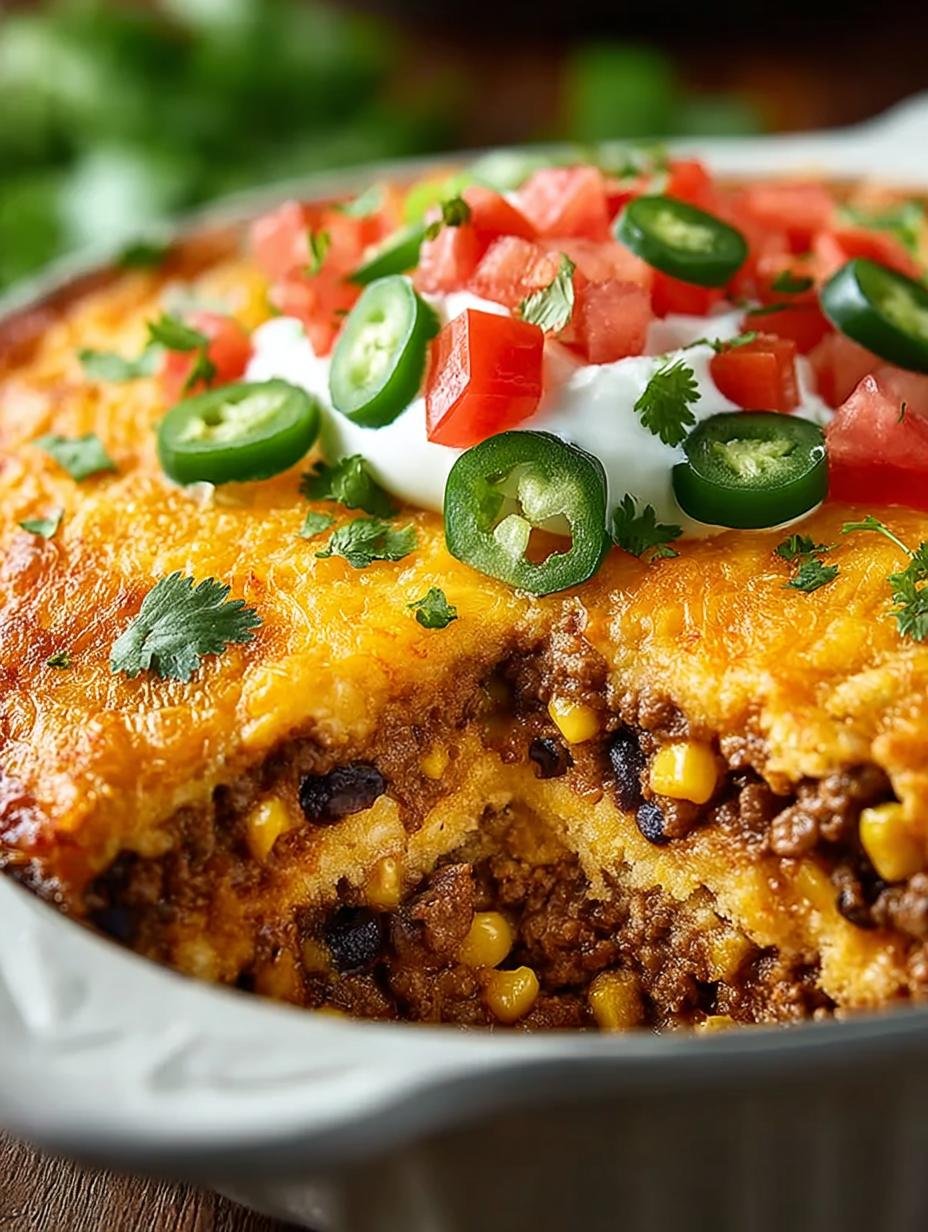 Close-up van een portie Cheesy Taco Beef Casserole met gesmolten kaas en verse toppings