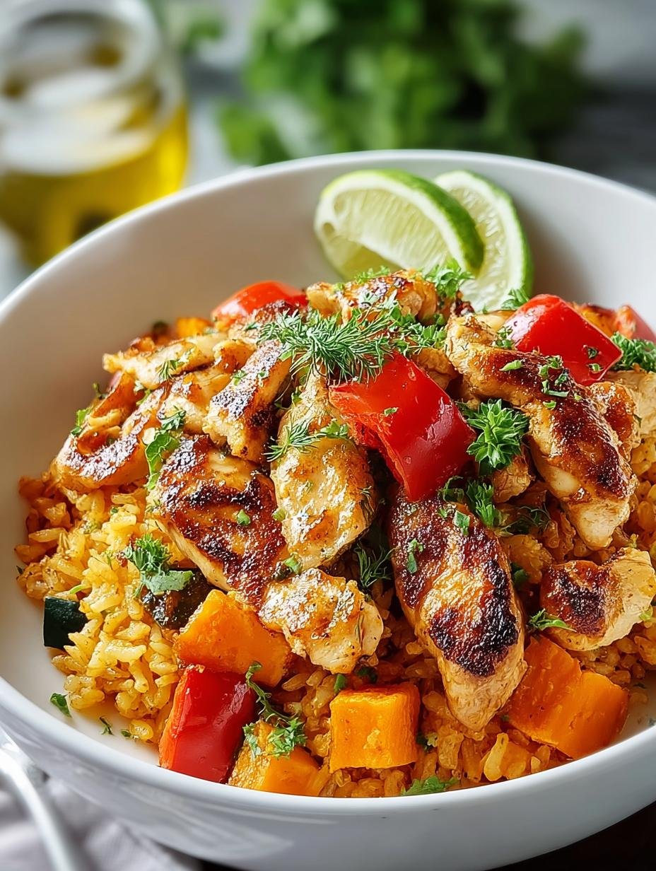 Chicken Sweet Potato Rice: 1 Krachtige Gezonde Maaltijd! - Een heerlijke kom Chicken Sweet Potato Rice met sappige kip, geroosterde zoete aardappel en verse koriander.