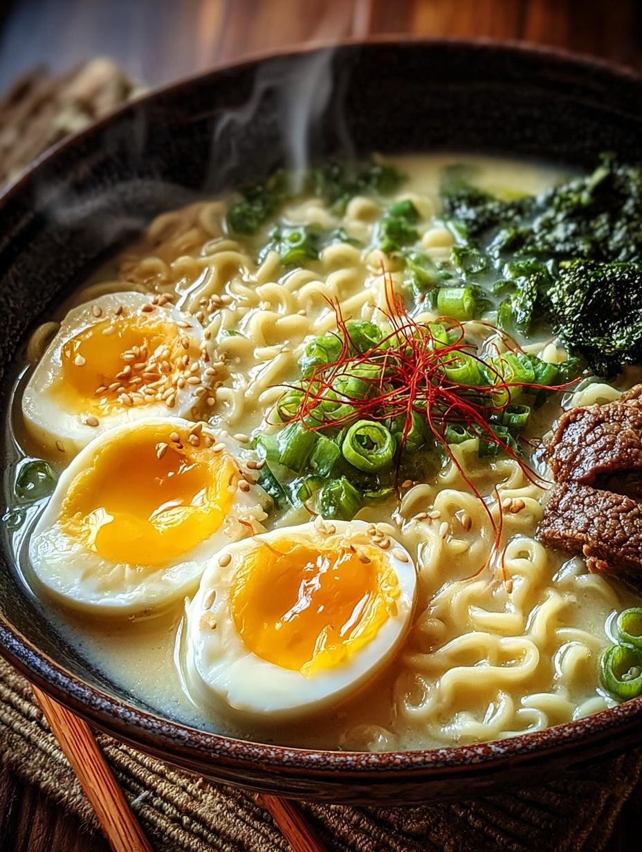 Heerlijke kom Creamy Garlic Ramen Schnelle met lente-uitjes en een zachtgekookt ei, klaar om te eten.