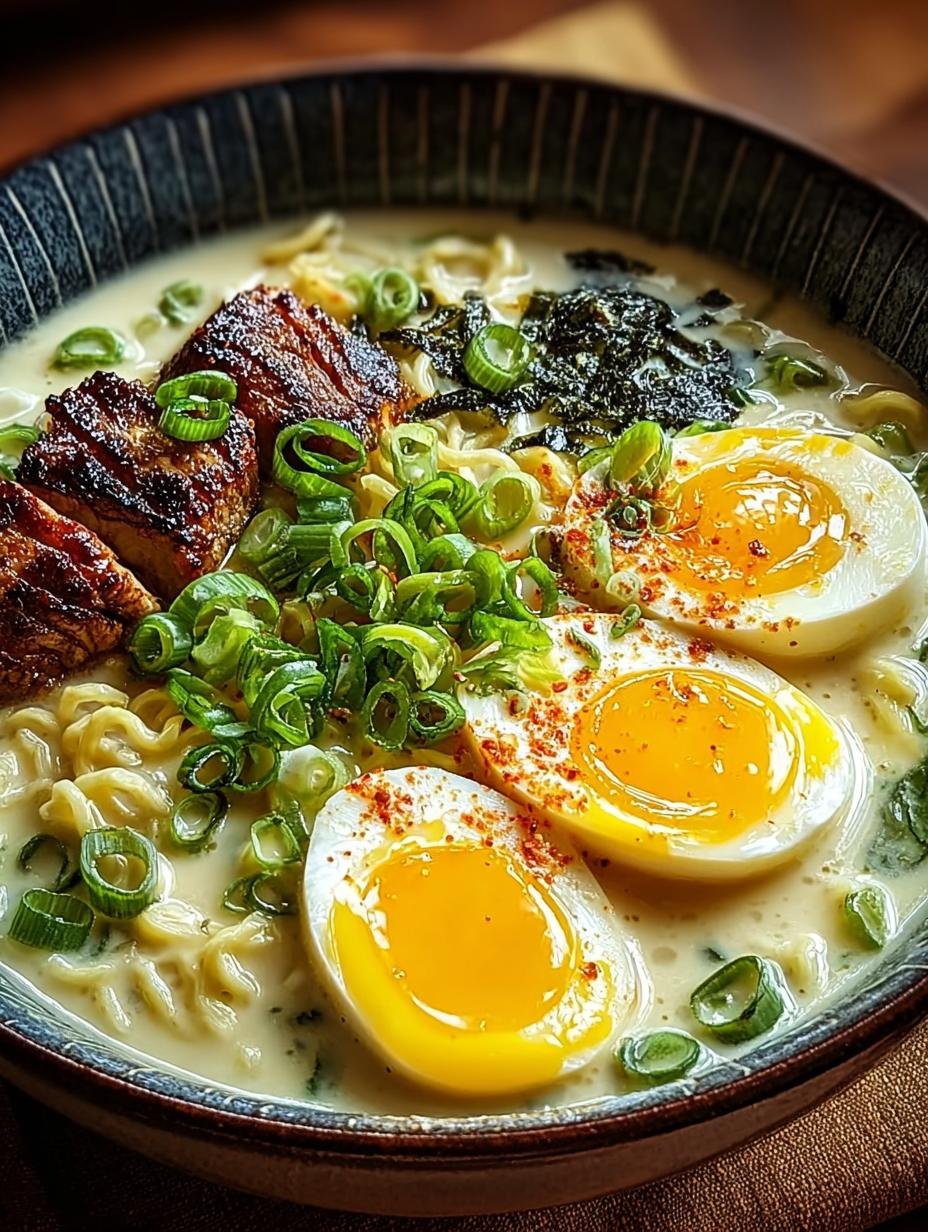 Close-up van de romige textuur van Creamy Garlic Ramen Schnelle met noedels en saus.