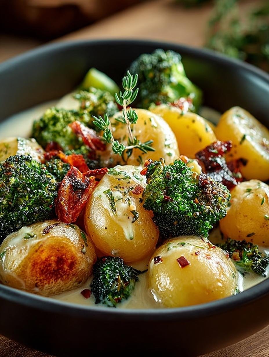 Verrukkelijke Cremige Brokkoli Kartoffeln Unglaublich in een pan, klaar om geserveerd te worden, met gesmolten kaas en verse kruiden.