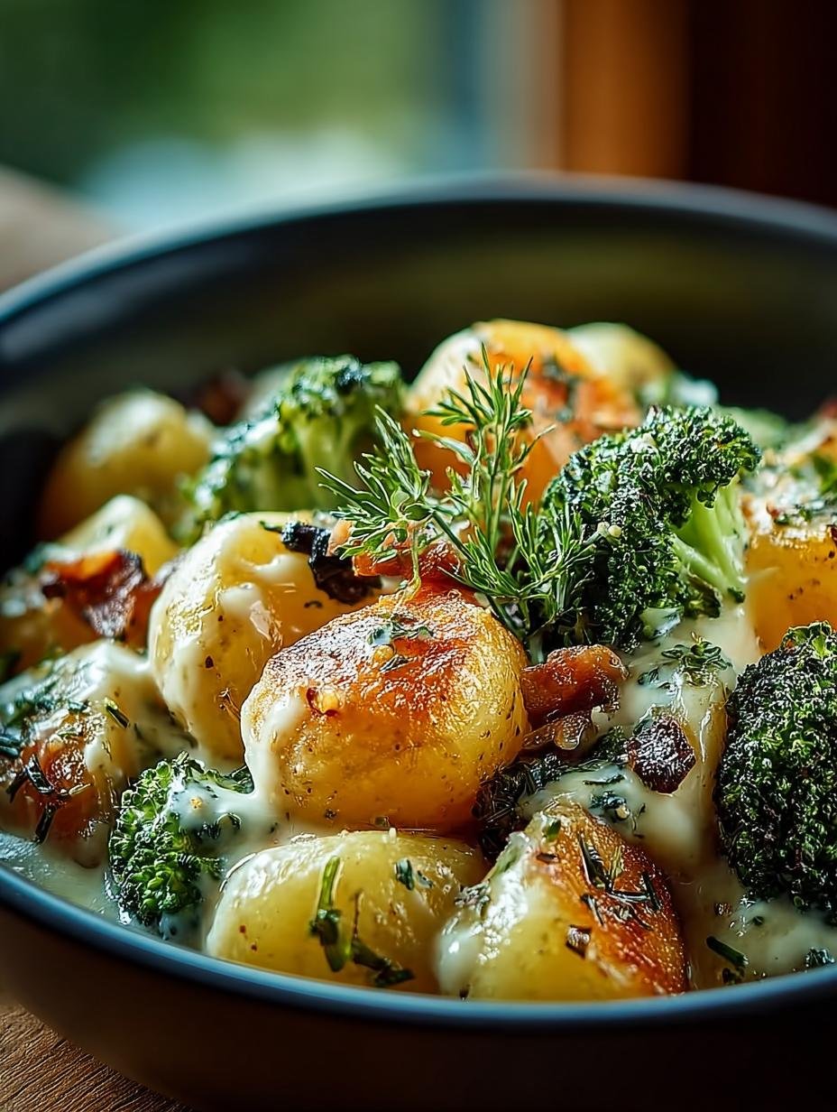 Heerlijke Cremige Brokkoli Kartoffeln Unglaublich in een kom, perfect als vegetarisch hoofdgerecht of bijgerecht, met een romige kaassaus.