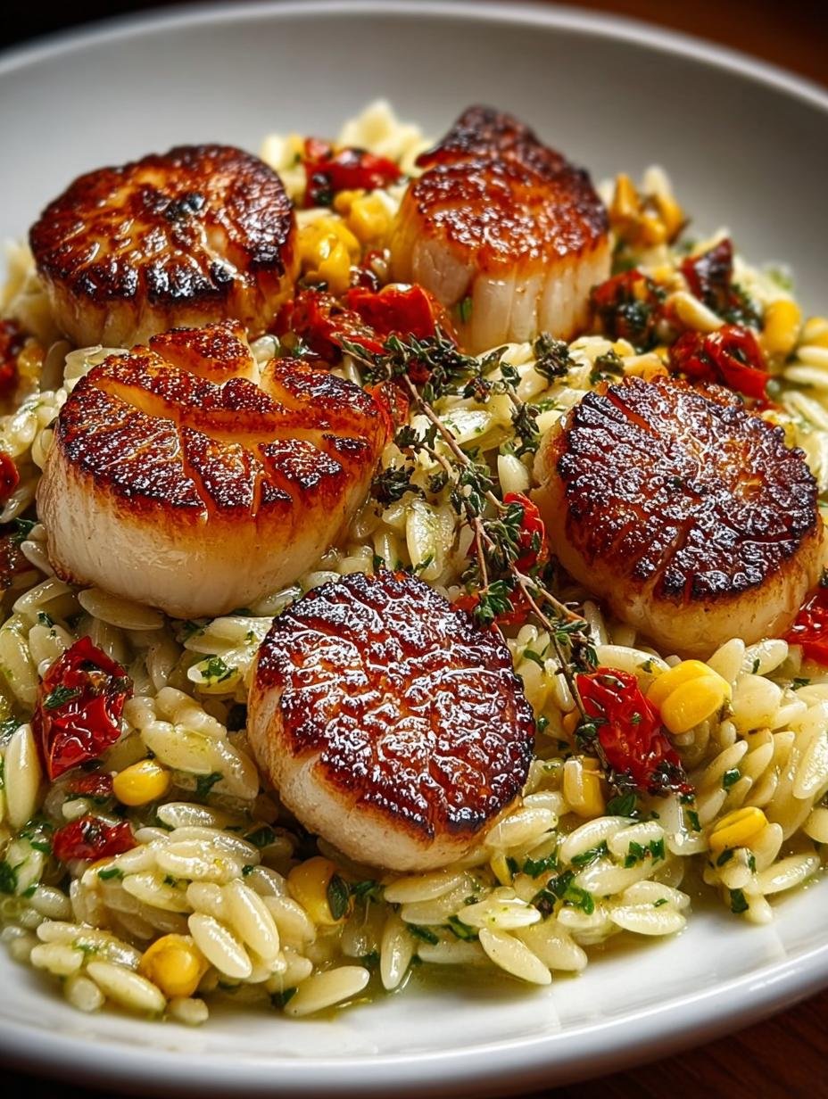 Cremige Orzo Pasta Met: Een Hemelse Maaltijd in 25 Min. - Close-up van romige orzo pasta met sint-jakobsschelpen en kappertjes