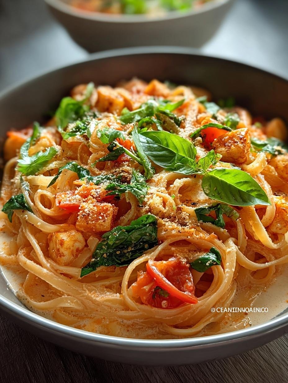 Verrukkelijke Cremige Tomaten Kokos Nudeln met verse kruiden en knapperige tofu