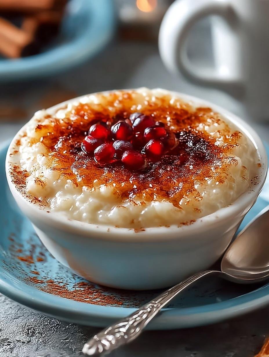Heerlijke kom romige Cremiger Milchreis met kaneel en vers fruit, perfect voor een troostrijk moment