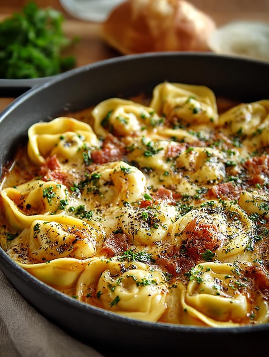 Close-up van een portie Cremiger Tortellini Auflauf Met broccoli, met gesmolten kaas en verse peterselie als garnering.