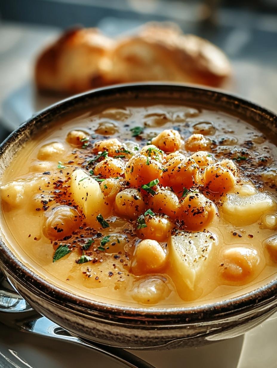 Eenvoudige Knoblauch Kichererbsensuppe: 25 Min. Wonder! - Een close-up van de romige textuur van de Einfache Knoblauch Kichererbsensuppe, klaar om te serveren.