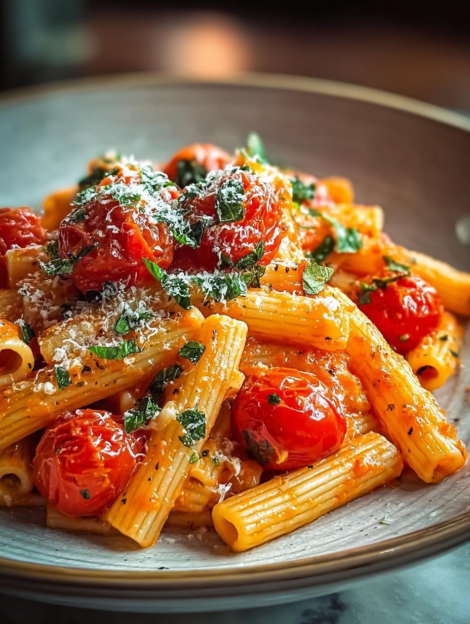 Heerlijke Einfaches Und Cremiges Tomaten pasta met verse basilicum en Parmezaanse kaas, klaar om te serveren
