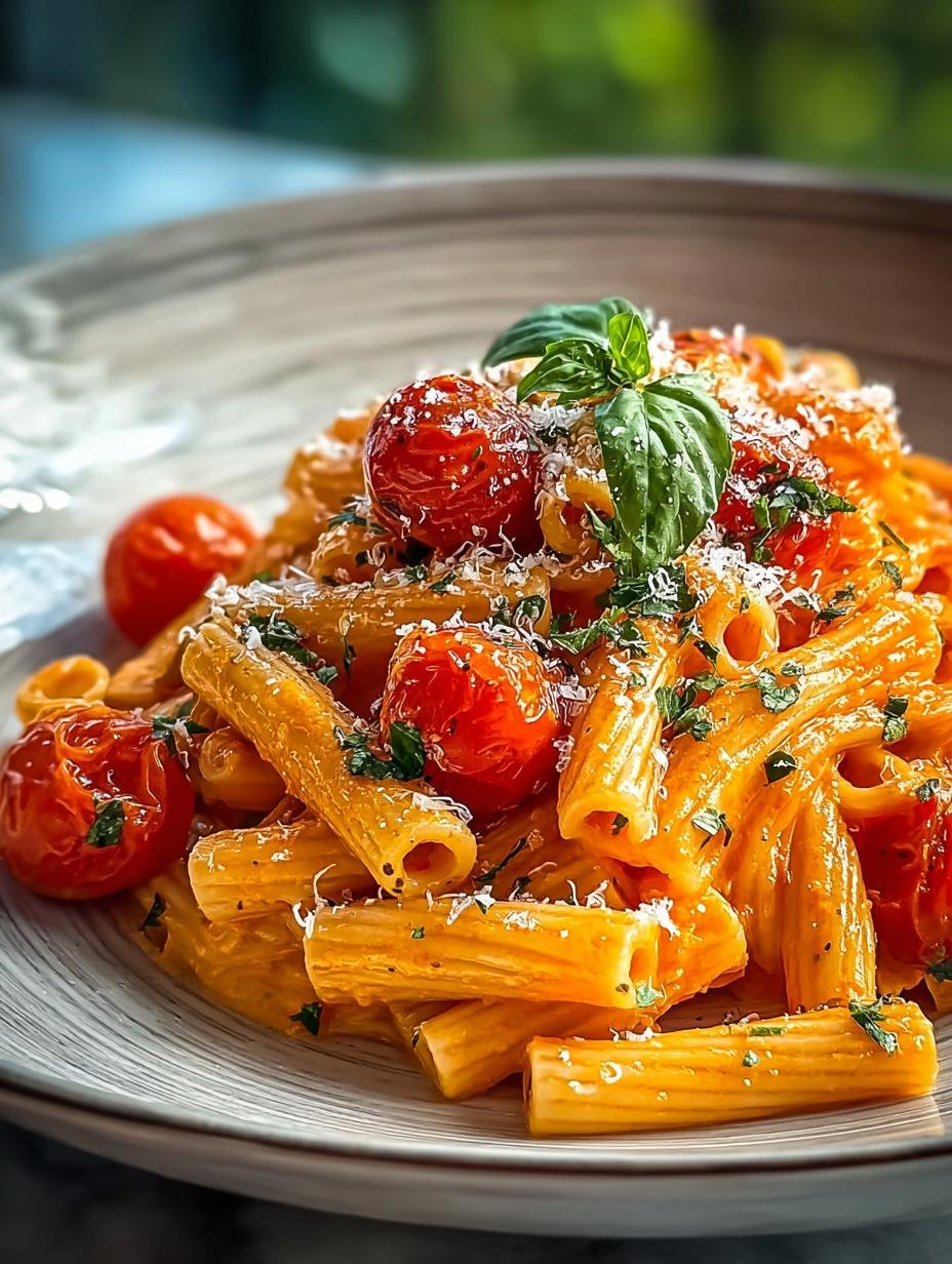 Close-up van romige Einfaches Und Cremiges Tomaten pasta met verse peterselie en geraspte kaas