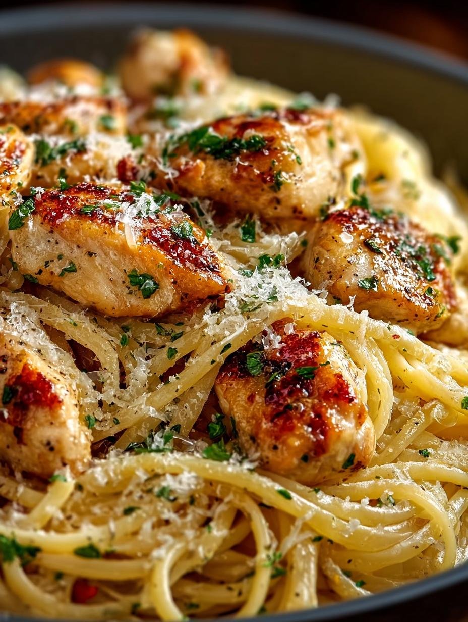 Heerlijke en romige Garlic Parmesan Chicken Pasta geserveerd in een kom, klaar om te eten.