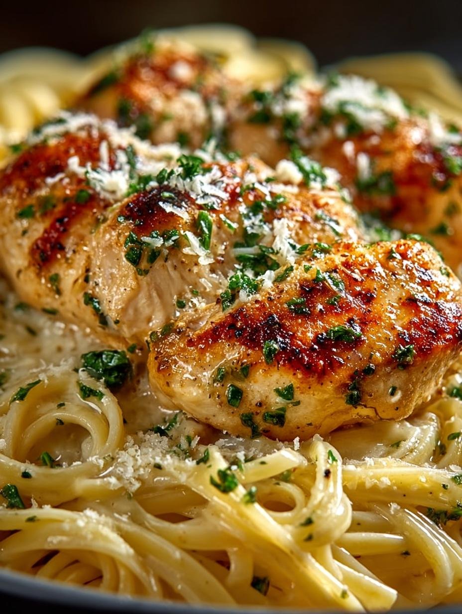 Close-up van romige Garlic Parmesan Chicken Pasta met verse peterselie en geraspte kaas.