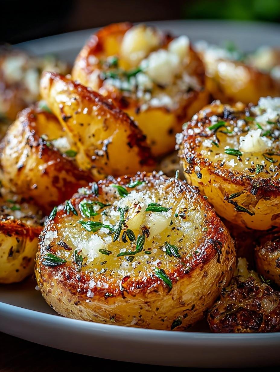 Close-up van perfect geroosterde Gebackene Kartoffeln Mit Knoblauch met verse peterselie garnering