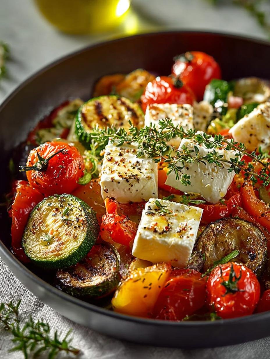 Heerlijke Gebackenes Gemuse Mit Feta, een close-up van de geroosterde groenten en gesmolten feta