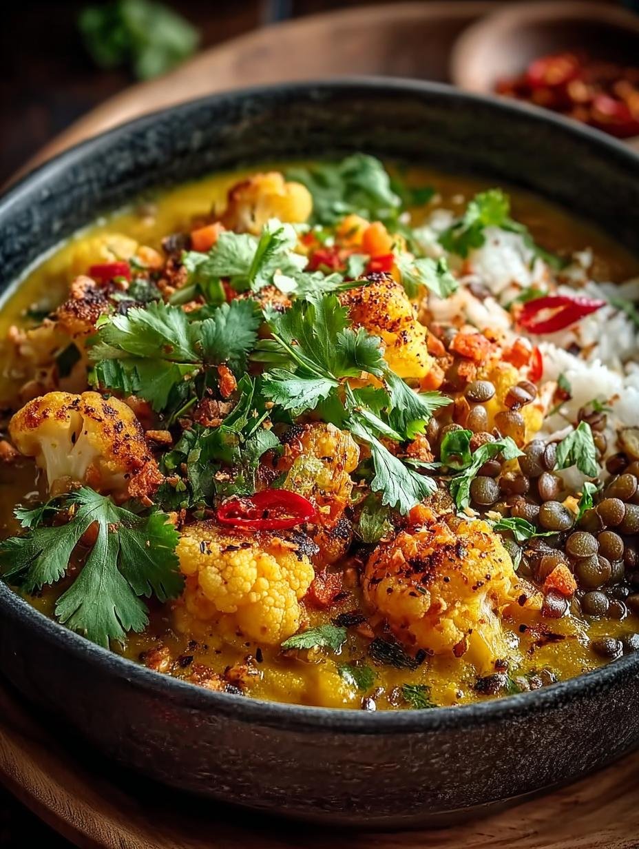 Gerostetes Blumenkohl Linsen Curry: Briljante 8 voordelen - Gerostetes Blumenkohl Linsen Curry - een close-up van de curry in een kom, gegarneerd met verse koriander