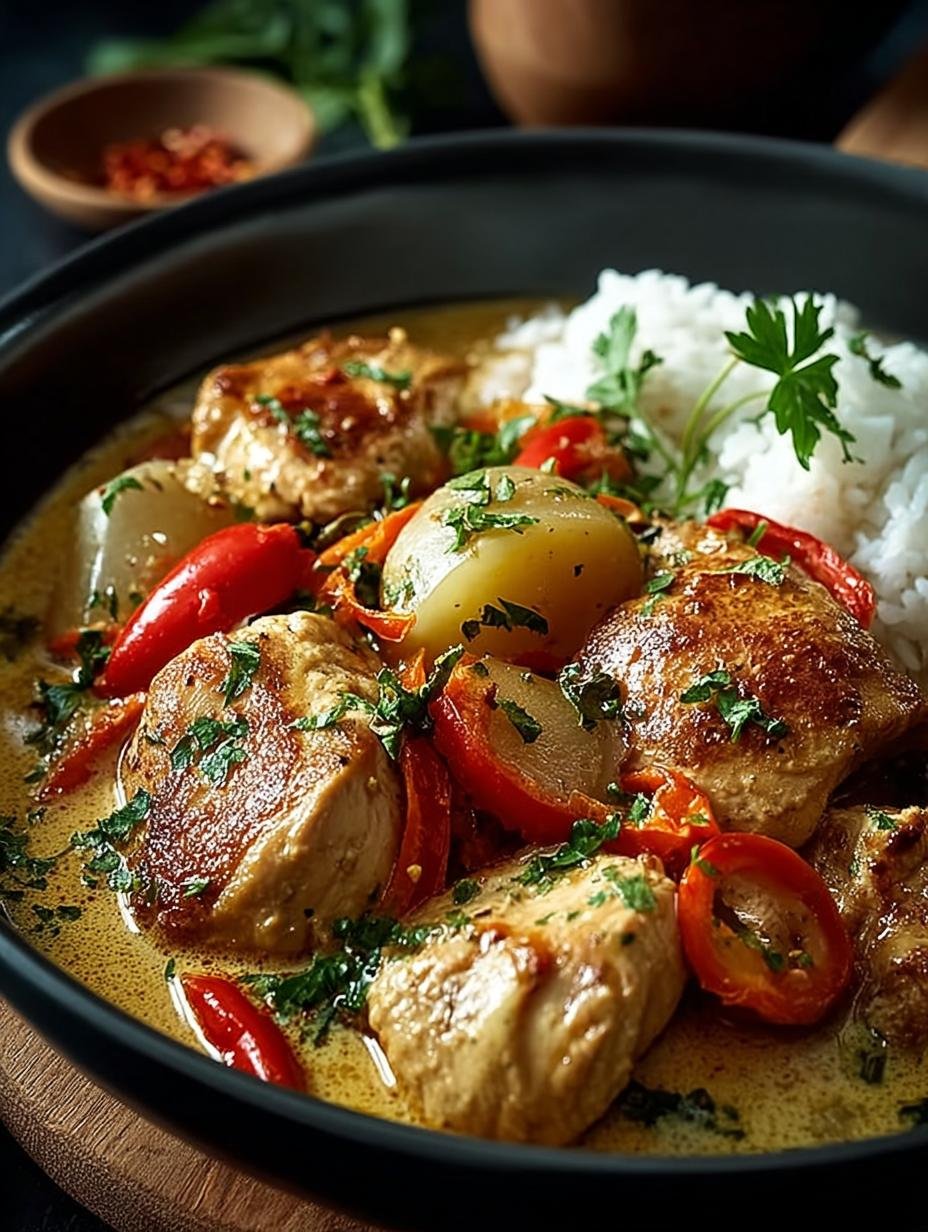 Verrukkelijke Hahnchen Pfanne Mit Kokosmilch met malse kip, romige kokosmelk en verse groenten, geserveerd in een pan
