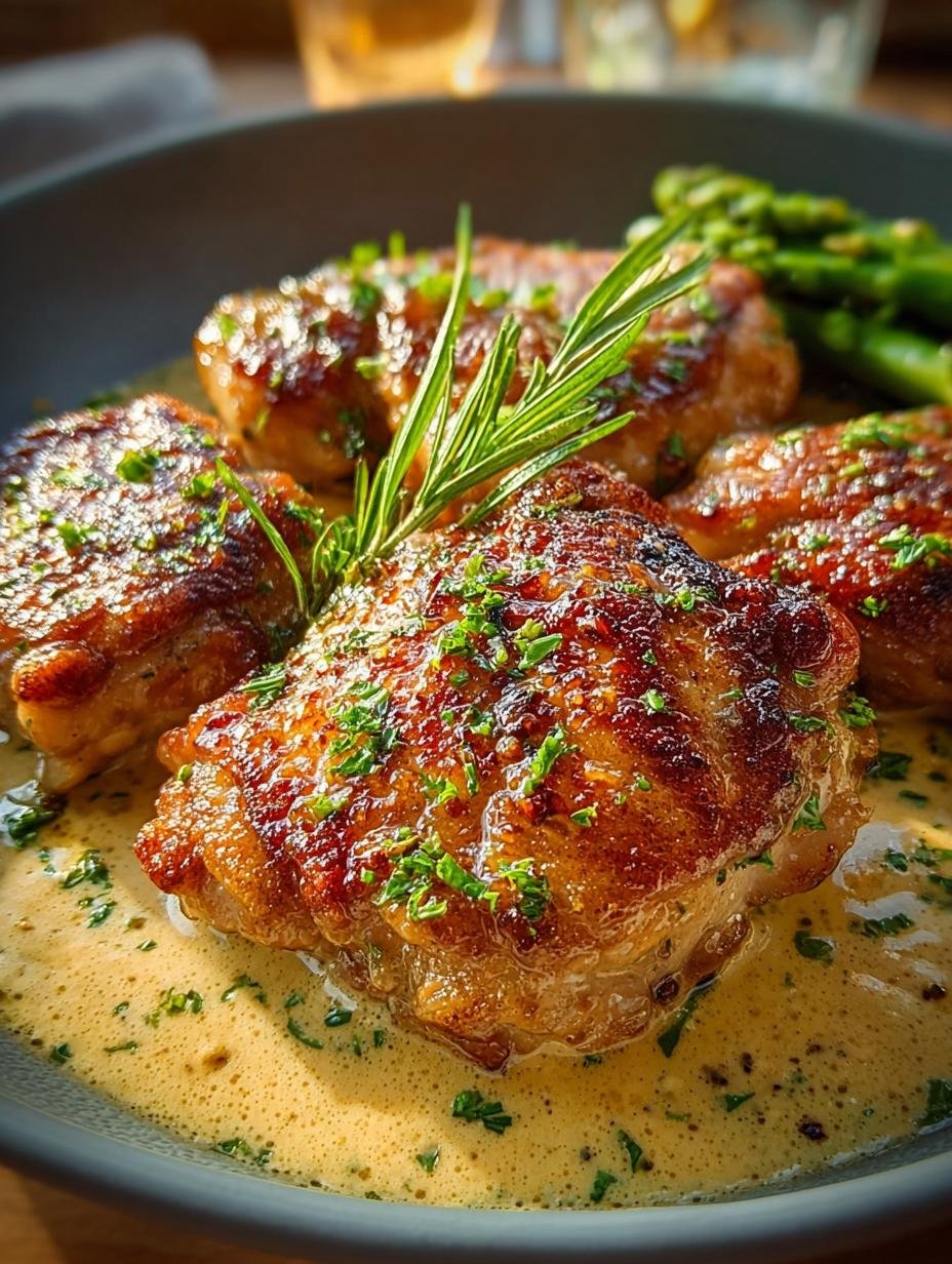 Verrukkelijke Hahnchenschenkel Mit Cremiger Senfsauce, perfect goudbruin gebakken en geserveerd met verse peterselie