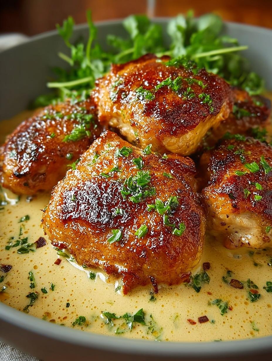 Smaakvolle Hahnchenschenkel Mit Cremiger Senfsauce in een pan, klaar om geserveerd te worden met verse kruiden