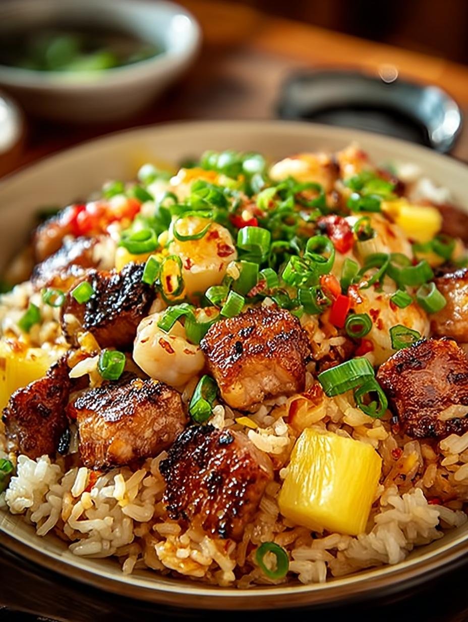 Levendige kom Hawaiianischer Gebratener Reis Ein met ananas, groenten en ei, klaar om te serveren