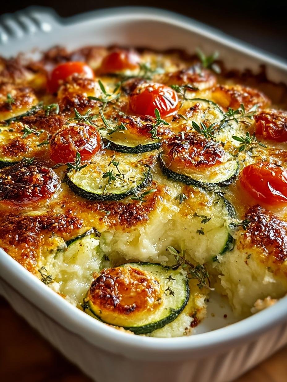 Close-up van de goudbruine, bubbelende korst van de Herzhafter Garten Zucchini Auflauf