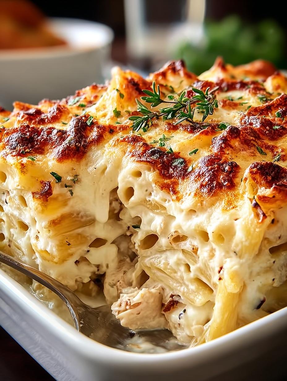 Heerlijke Huehnchen Alfredo Auflauf, rijk en romig, perfect gebakken met gesmolten kaas