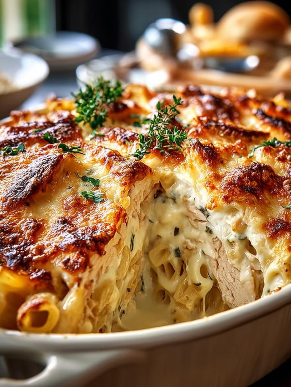 Close-up van een portie Huehnchen Alfredo Auflauf, perfect goudbruin gebakken en gegarneerd met peterselie