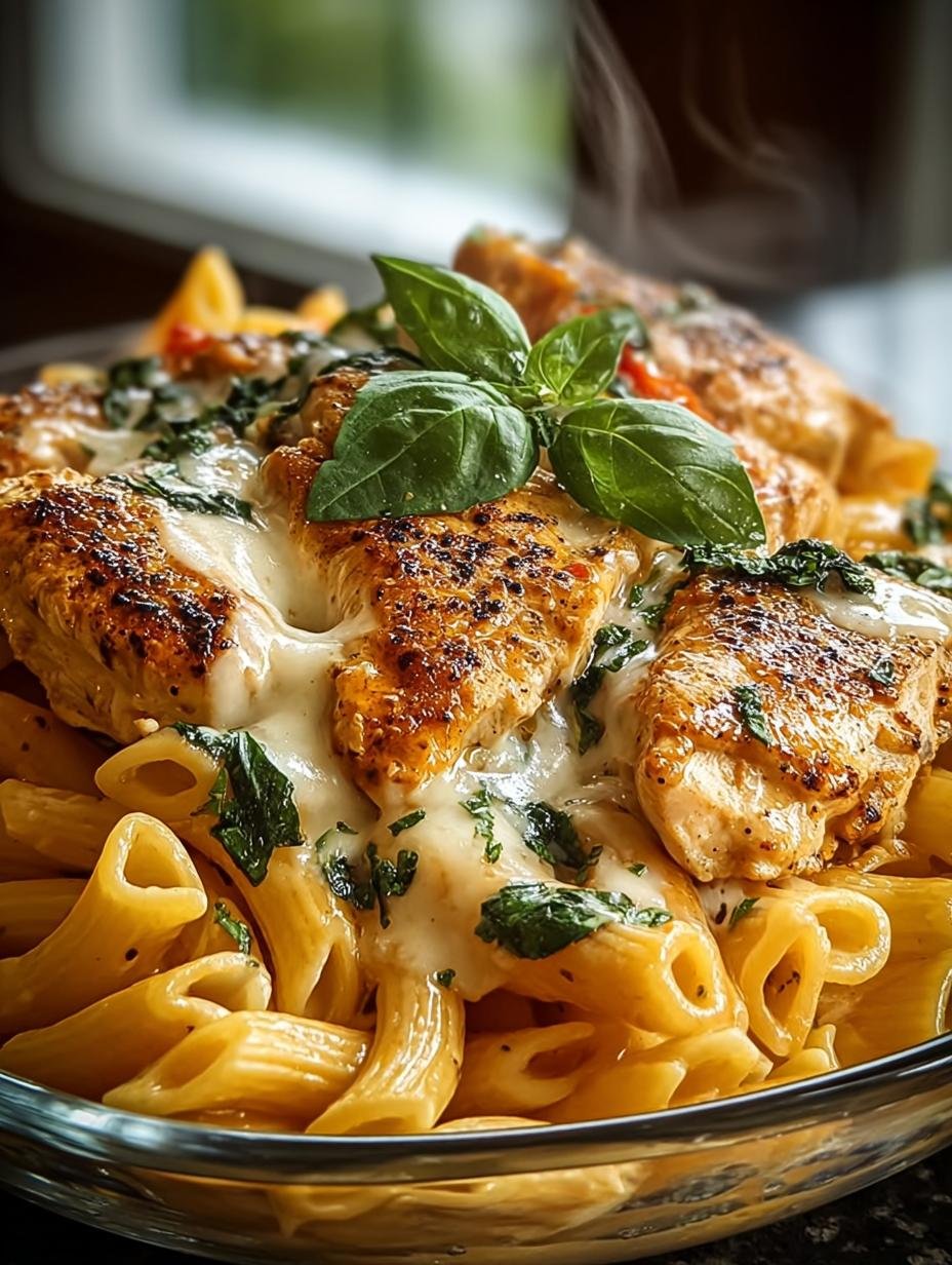 Close-up van romige Huehnchen Mozzarella Pasta Recept met gesmolten kaas en verse basilicum