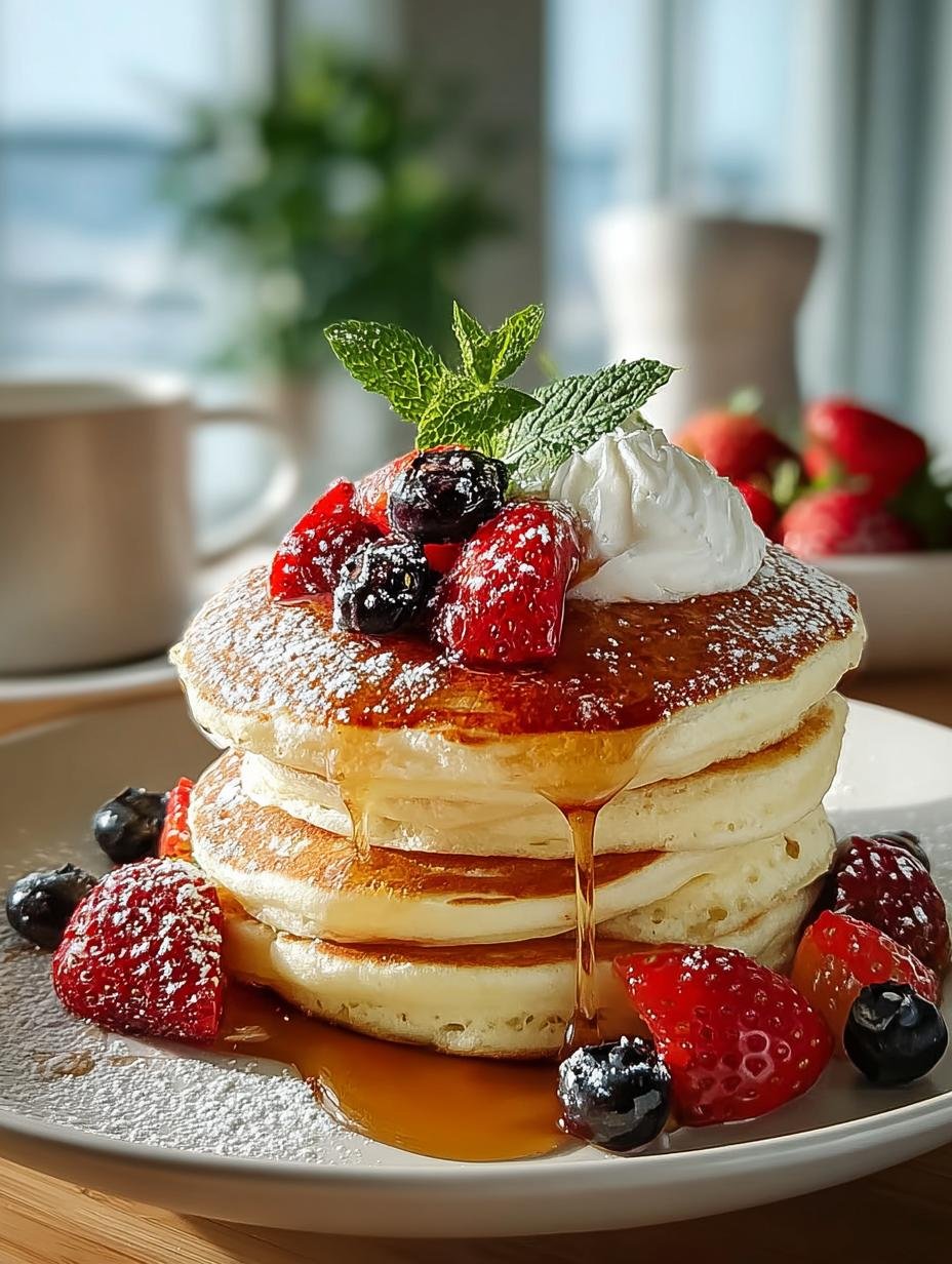 Japanse Pfannkuchen: 1 Hemels, Fluffy Wonder - Japanische Pfannkuchen gestapeld met siroop en fruit
