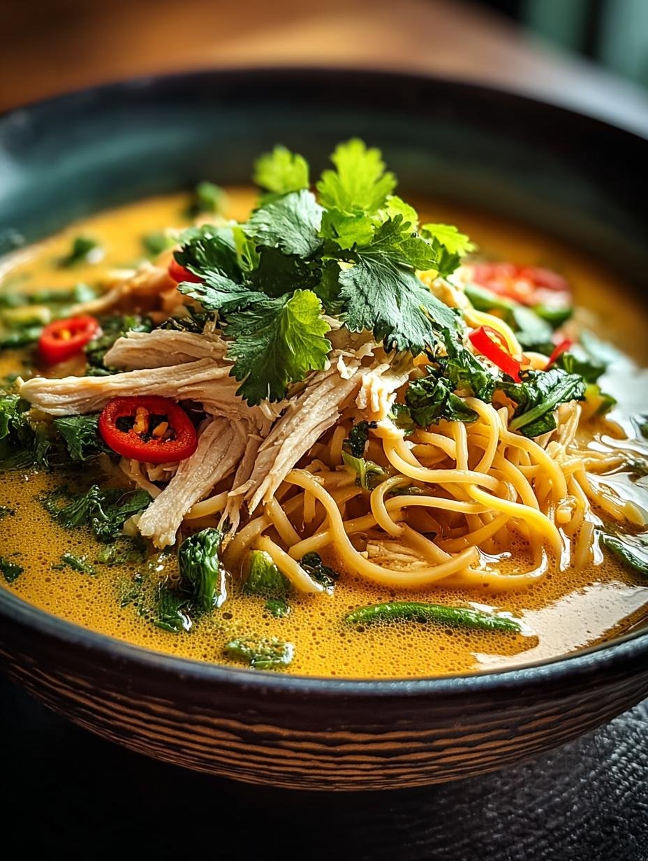 Khao Soi: Betoverende Thaise soep in 60 min - Een kom romige en kruidige Khao Soi met kip, noedels en krokante toppings, klaar om te serveren.