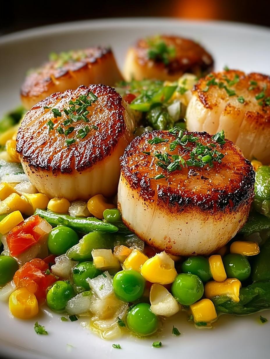Close-up van Knoblauchbutter Fanalen Met Succotash, met perfect aangebraden Sint-jakobsschelpen en kleurrijke succotash