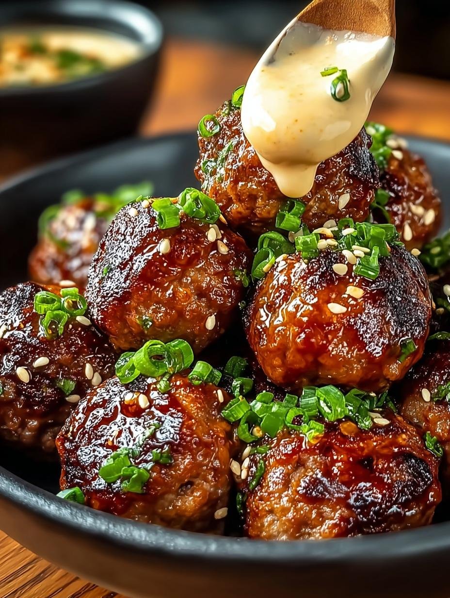 Close-up van sappige Koreaanse BBQ Gehaktballetjes, gegarneerd met sesamzaadjes en lente-ui, geserveerd met een romige dip
