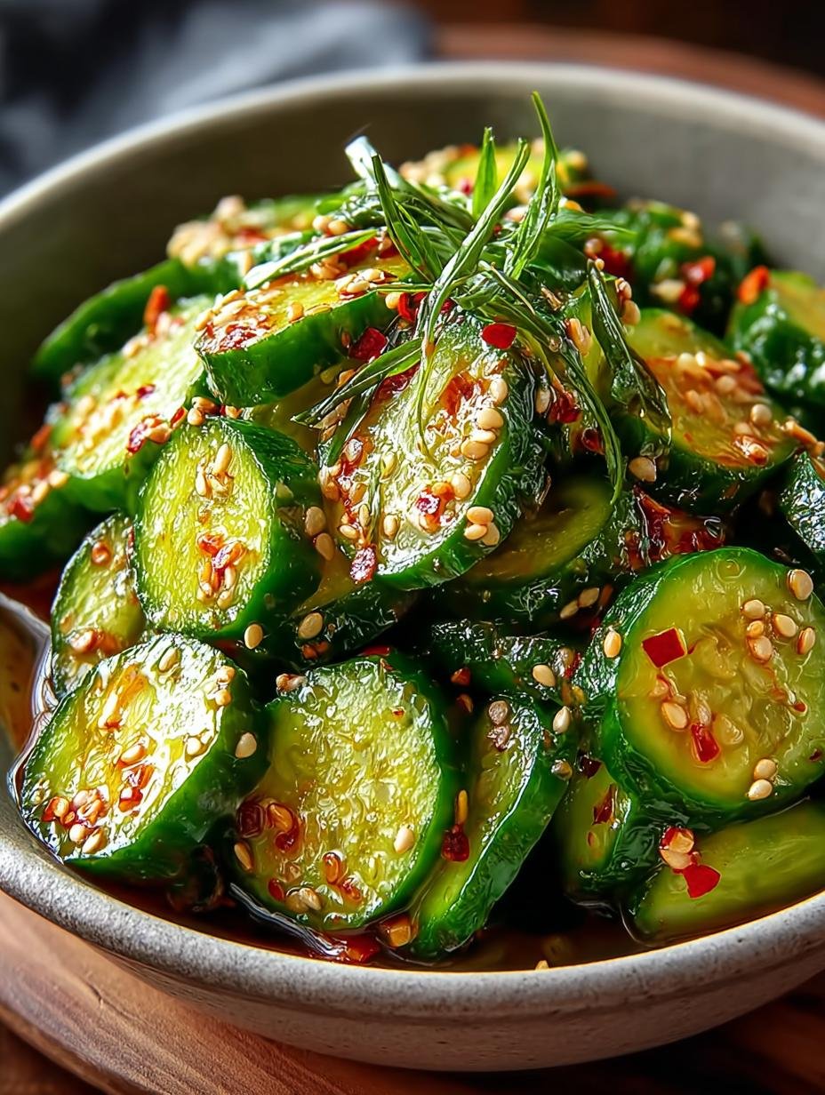 Verfrissende Koreanischer Gurkensalat Muchim met knapperige komkommers en rode chilivlokken, klaar om te serveren