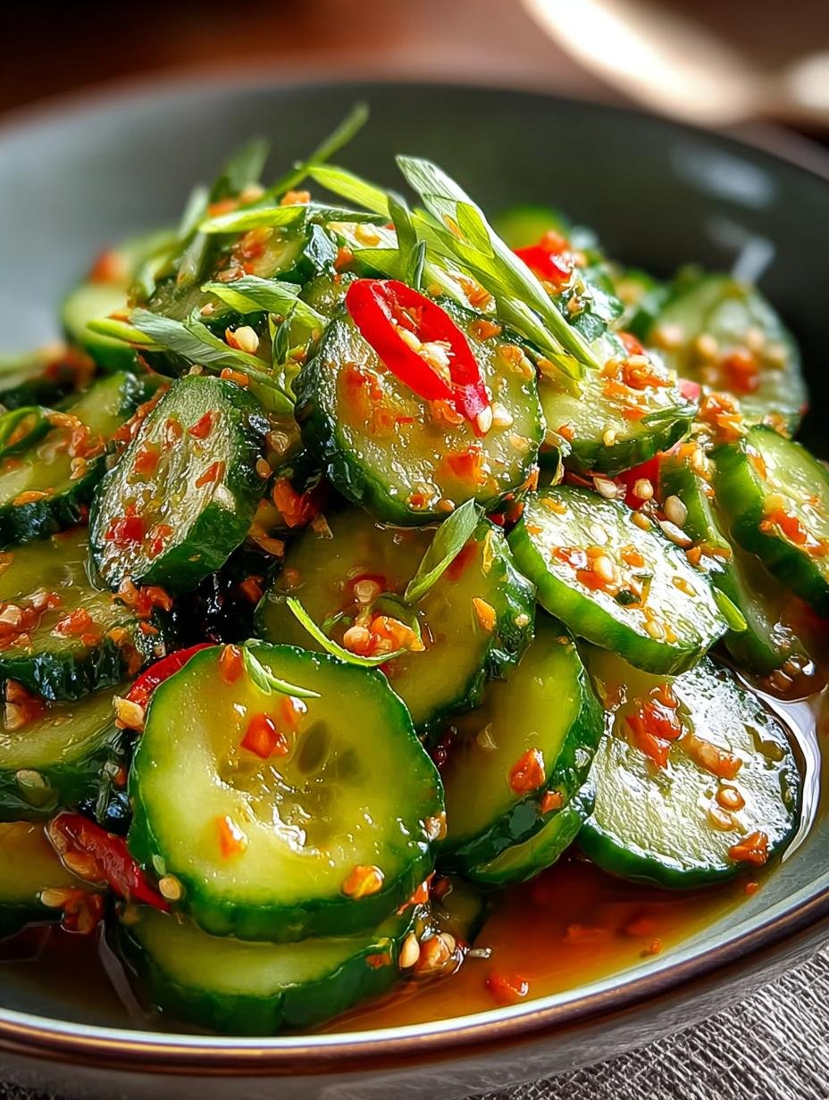 Close-up van Koreanischer Gurkensalat Muchim met sesamzaadjes en lente-uitjes, klaar om te eten