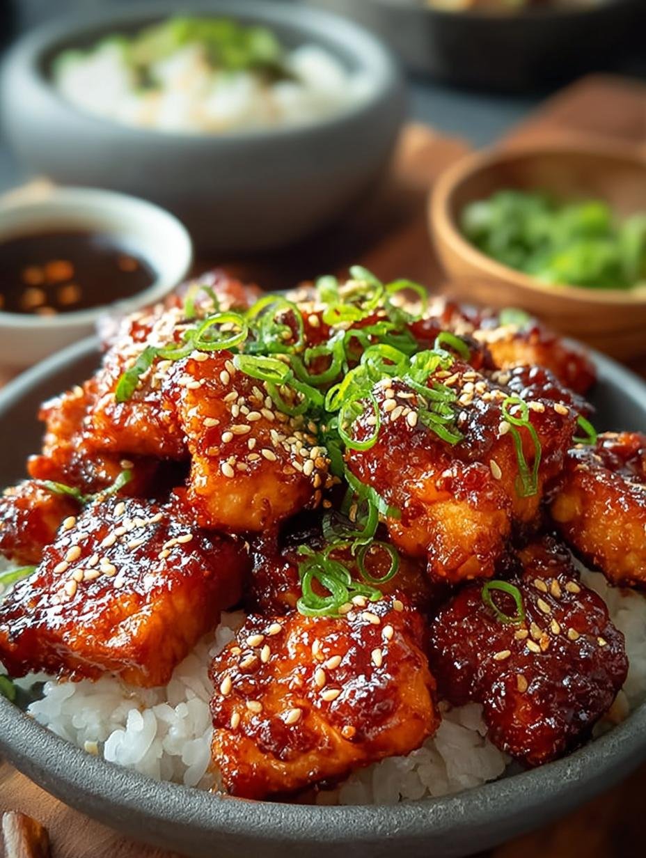 Close-up van sappige Koreanisches Bbq Haehnchen stukjes in een glanzende Gochujang saus
