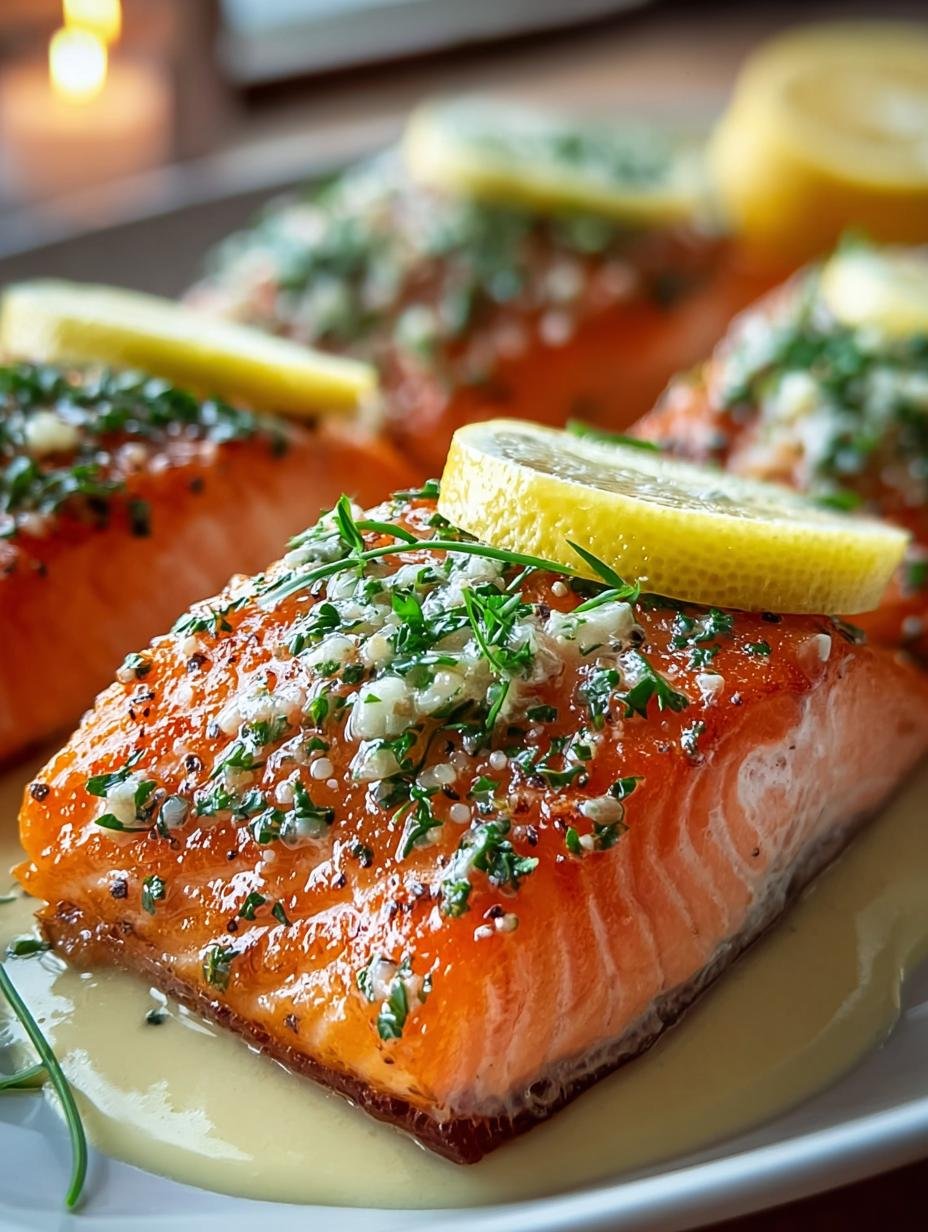 Verrukkelijke Lachs Mit Knoblauch Zitronen met knapperige huid en verse kruiden, klaar om te serveren