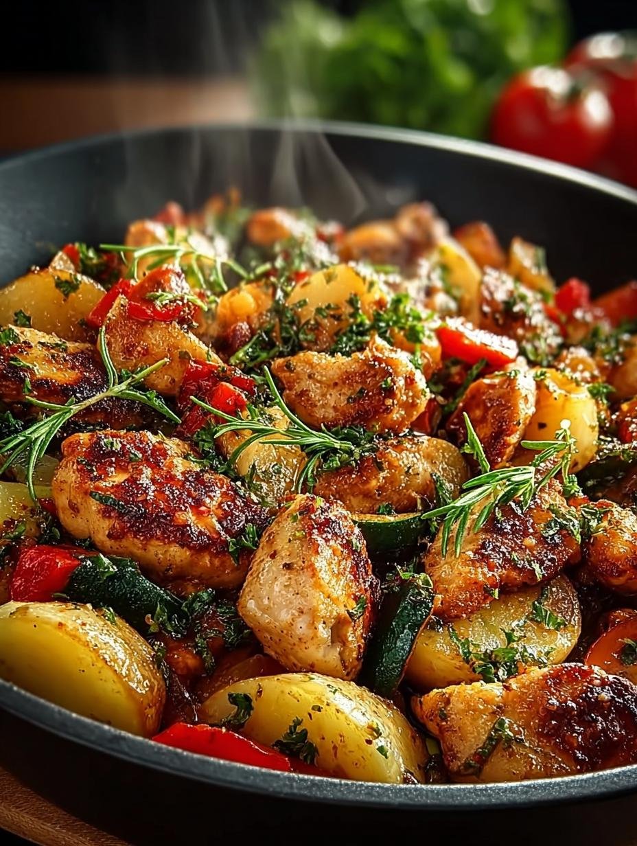 Close-up van een portie Leckere Low Carb Hähnchenpfanne met verse peterselie garnering