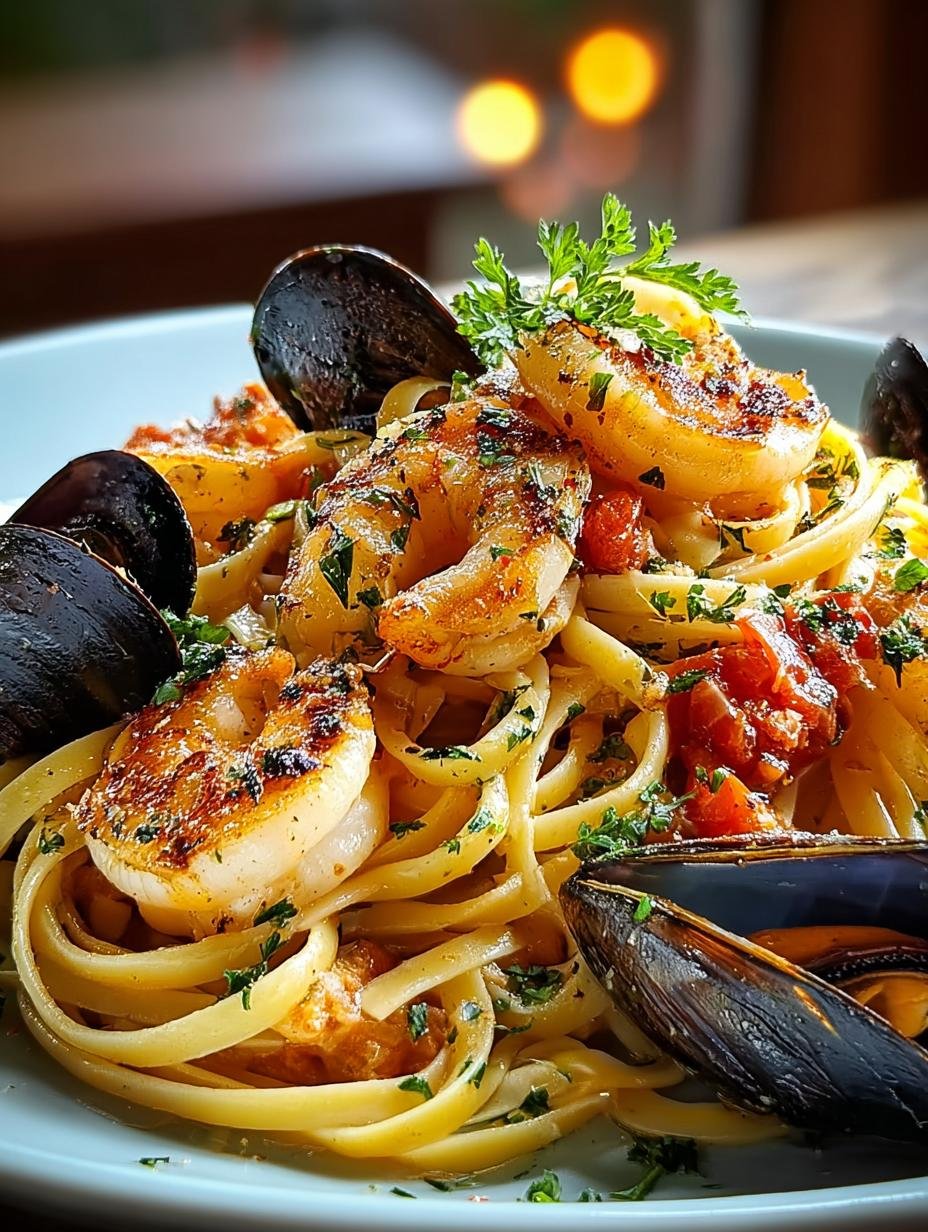Heerlijke Meeresfruchte Pasta Met Linguine met verse garnalen en mosselen in een romige saus