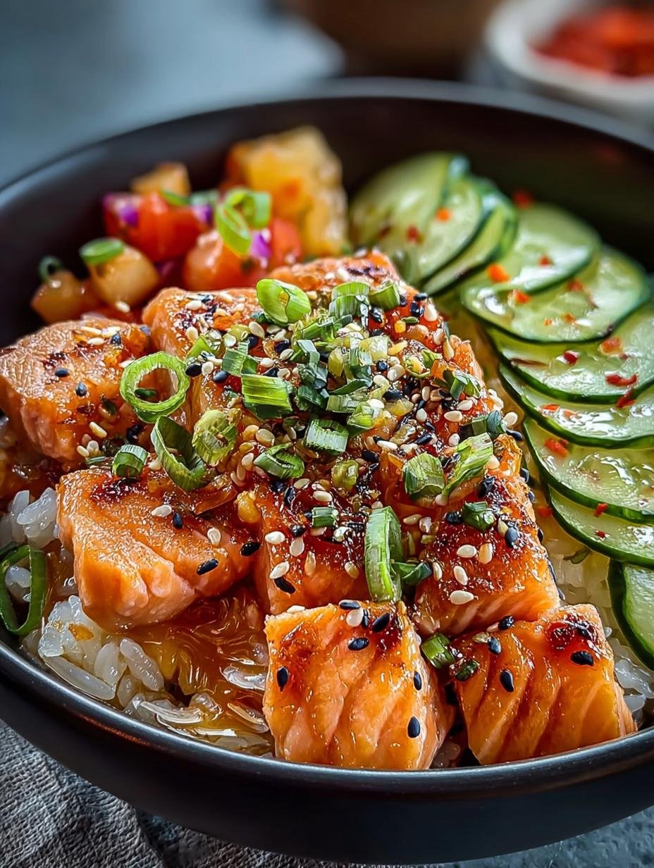 Close-up van een kleurrijke Reisschüssel Mit Lachs Ein met verse ingrediënten